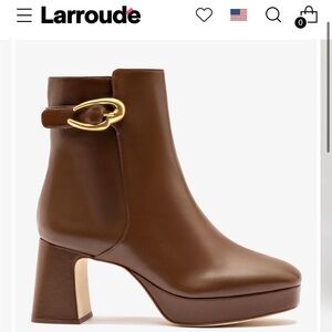 Larroude Tan Leather Platform Block Heel Ankle Boots with Gold Accent